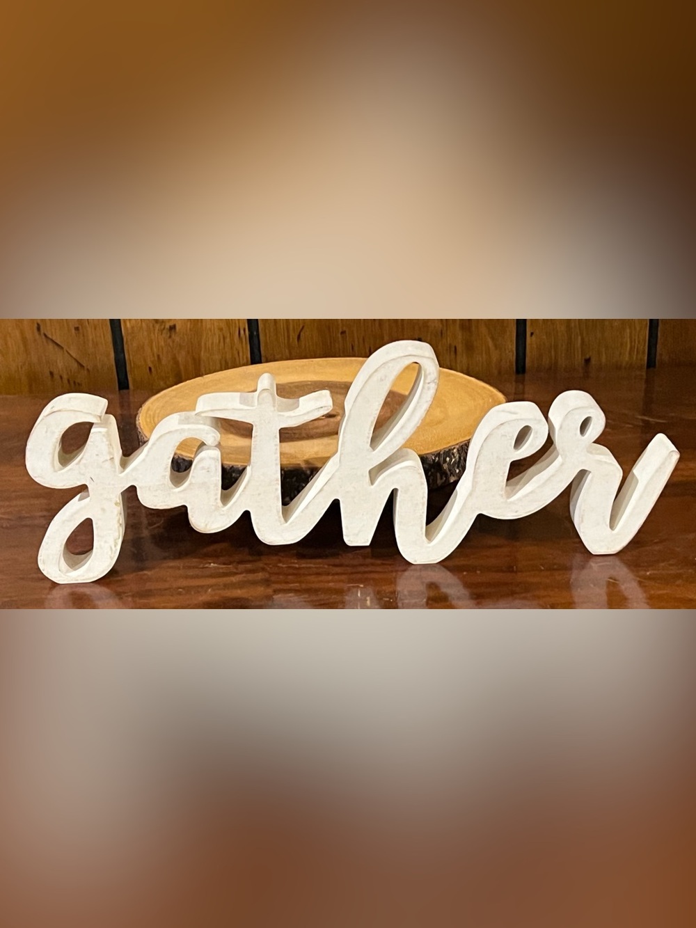 White Script Wooden 'gather’ Decorative Accent 13”x5”
